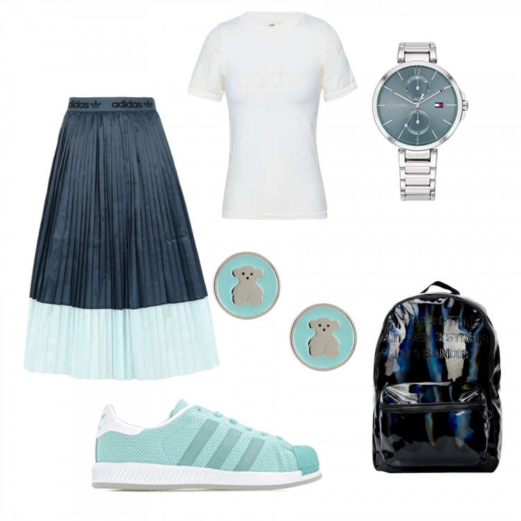 Outfit donna - Total look Adidas. Stile Trendy per Tutti i giorni. look ideale per Tall. Abbinamento con zaini, orecchini, gonne longuette, t-shirt, orologi analogici, sneakers.