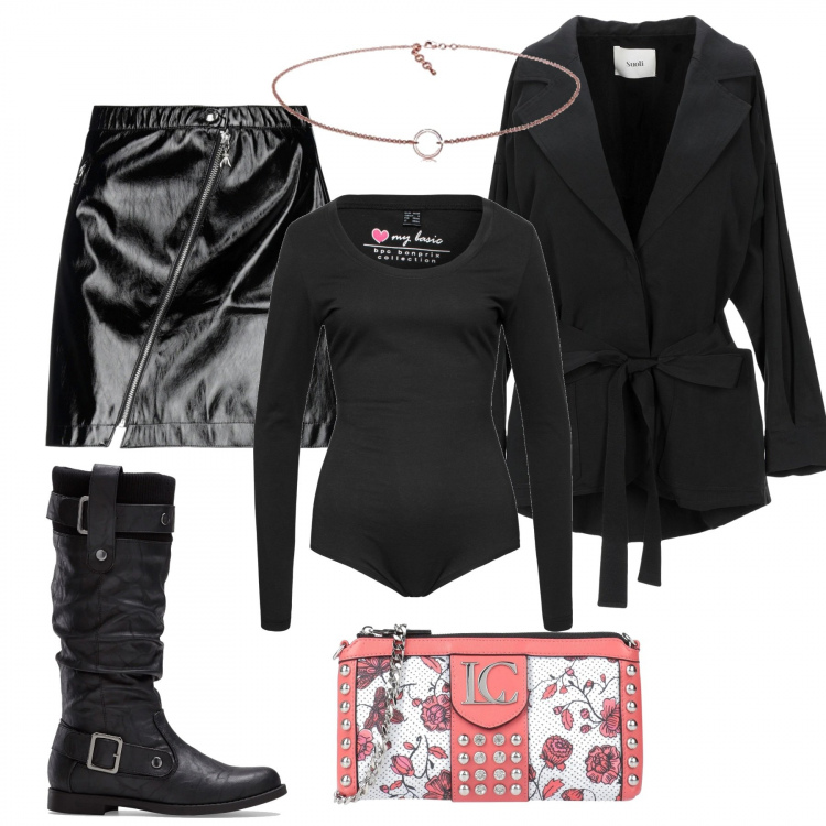 Outfit donna - Gonna e Stivali. Stile Sexy per Serata fuori. Abbinamento con body, stivali sopra il ginocchio, minigonne, borse a mano, blazer, collane.