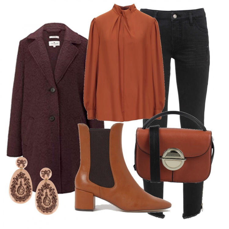 Outfit donna - Autunno. Stile Trendy per Ufficio. Abbinamento con jeans skinny, bluse, orecchini, borse a tracolla, stivaletti, blazer.