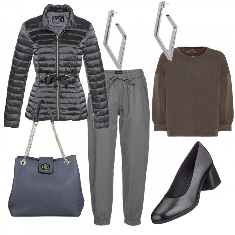 Outfit donna - Basic #41486. Stile Basic per Ufficio. Abbinamento con pantaloni, cappotti, borse a mano, orecchini, felpe, scarpe col tacco.