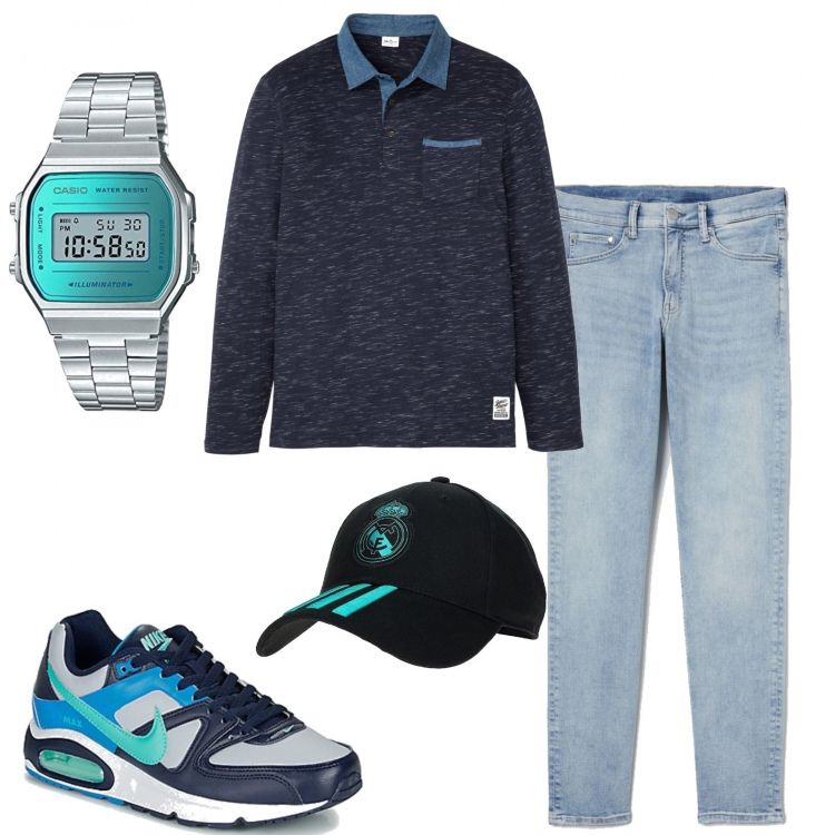 Outfit uomo - Casual #22858. Stile Casual per Tutti i giorni. Abbinamento con polo, sneakers, cappelli con visiera, braccialetti, jeans.