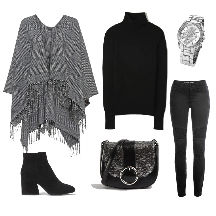 Outfit donna - Mantella grigia look low cost. Stile Basic per Tutti i giorni. Abbinamento con cappotti, orologi, jeans, borse a tracolla, maglieria, stivaletti.