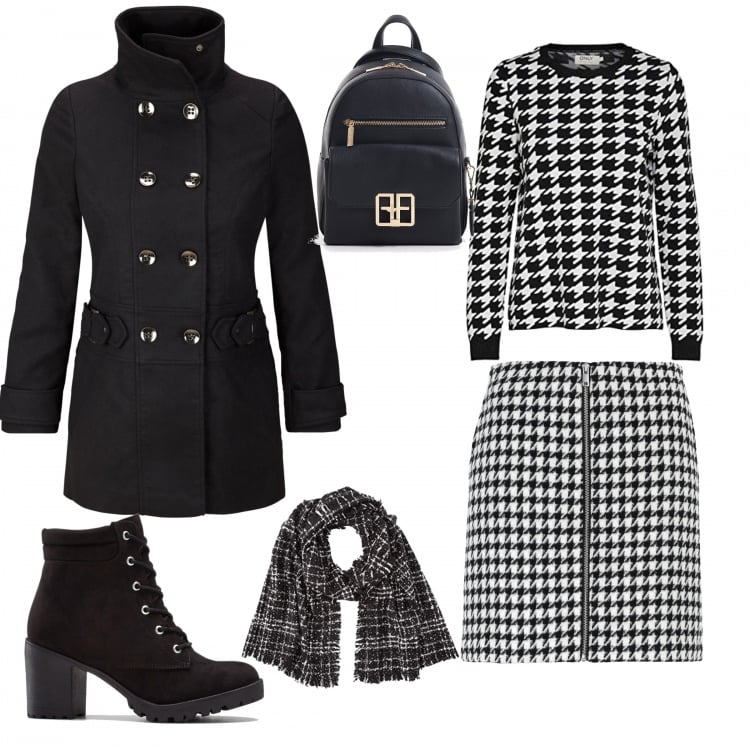 Outfit donna - Pied de poule. Stile Trendy per Serata fuori. look ideale per Petite. Abbinamento con stivaletti, blazer, gonne longuette, borse a spalla, sciarpe, pullovers.