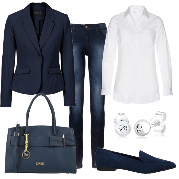 Outfit donna - Stile essenziale. Stile Chic per Ufficio. Abbinamento con blazer, jeans skinny, camicie, borse a mano, mocassini, orecchini.