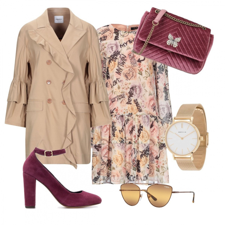 Outfit donna - Bordeaux. Stile Bon Ton per Tutti i giorni. Abbinamento con vestiti corti, cappotti, borse a tracolla, occhiali da sole, décolleté, orologi.