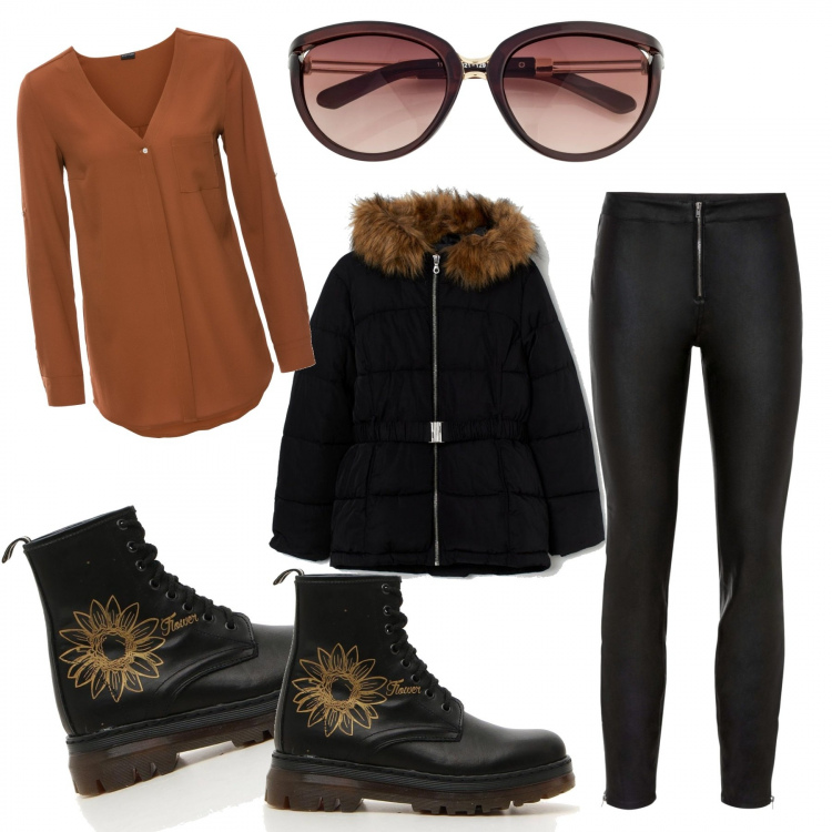 Outfit donna - Gita fuori porta!. Stile Urban per Tutti i giorni. Abbinamento con camicie, occhiali da sole, pantaloni, piumini, anfibi.