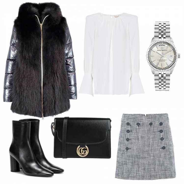 Outfit donna - Un piumino elegante. Stile Chic per Serata fuori. Abbinamento con borse a tracolla, piumini, orologi analogici, minigonne, bluse, stivaletti.