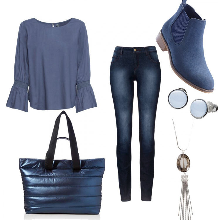 Outfit donna - Low cost trendy!. Stile Trendy per Scuola/Università. Abbinamento con jeans skinny, tuniche, stivaletti chelsea, ciondoli, shopping bag, orecchini.