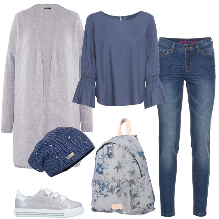 Outfit donna - Sbarazzina. Stile Basic per Tutti i giorni. Abbinamento con jeans skinny, tuniche, sneakers, zaini, berretti, cardigans.
