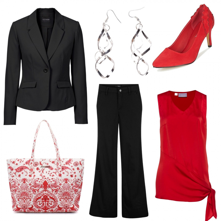 Outfit donna - In ufficio con stile. Stile Basic per Ufficio. Abbinamento con blazer, bluse, pantaloni a palazzo, décolleté, shopping bag, orecchini.