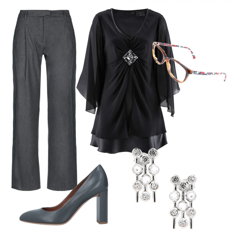 Outfit donna - Una call importante. Stile Chic per Ufficio. Abbinamento con tuniche, décolleté, pantaloni, orecchini, occhiali.