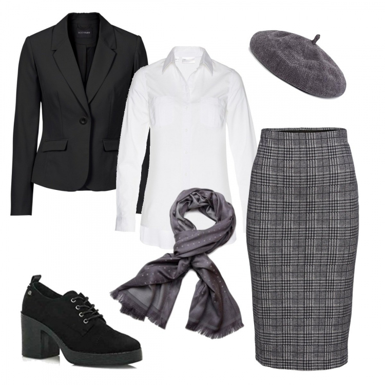 Outfit donna - Anni 30. Stile Bon Ton per Ufficio. Abbinamento con blazer, bluse, camicie, scarpe stringate, berretti, sciarpe.