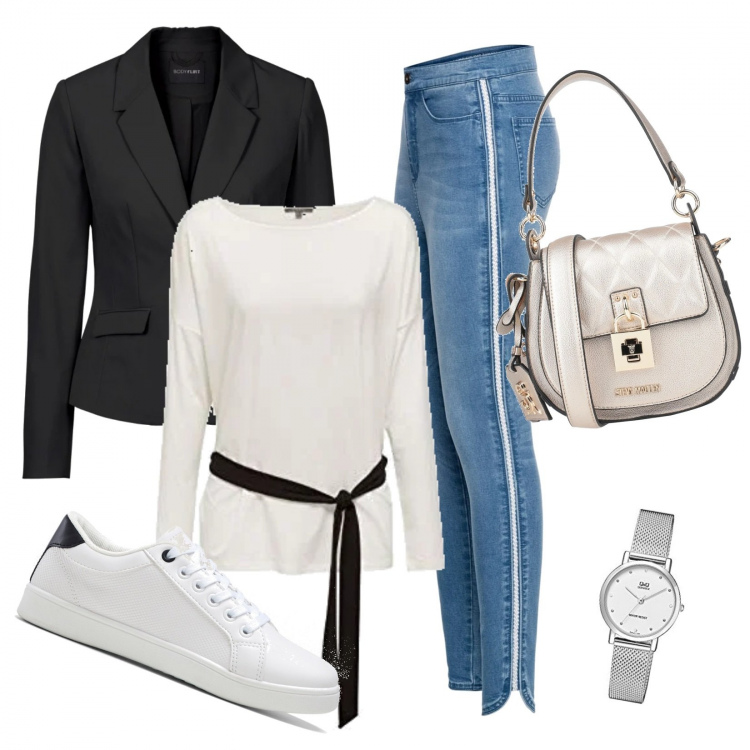 Outfit donna - Passepartout. Stile Basic per Tutti i giorni. Abbinamento con borse a mano, blazer, jeans, sneakers, pullovers, orologi analogici.