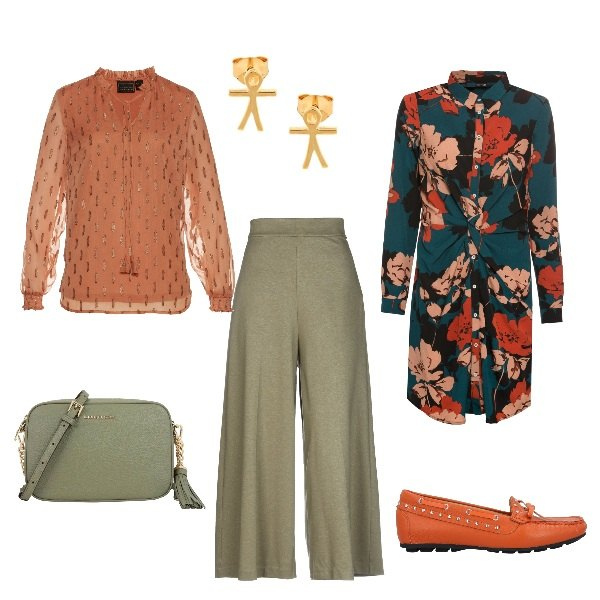 Outfit donna - Curvy style. Stile Basic per Serata fuori. Abbinamento con pantaloni, mocassini, vestiti, tuniche, orecchini, borse a tracolla.