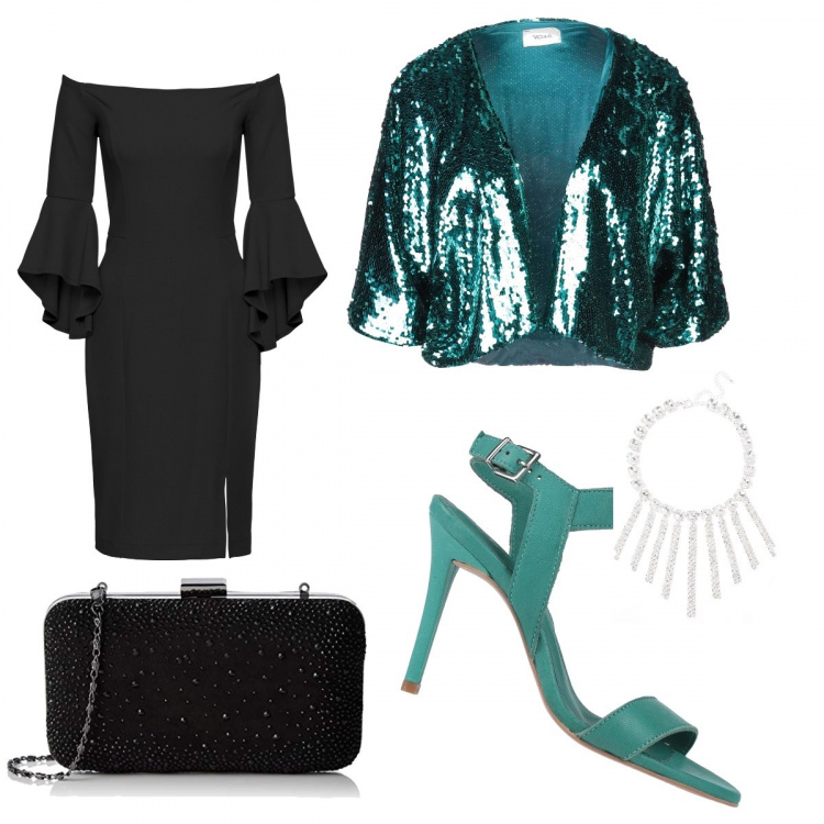 Outfit donna - Serata scintillante !. Stile Chic per Serata fuori. Abbinamento con vestiti midi/longuette, sandali col tacco, blazer, collane, pochette.