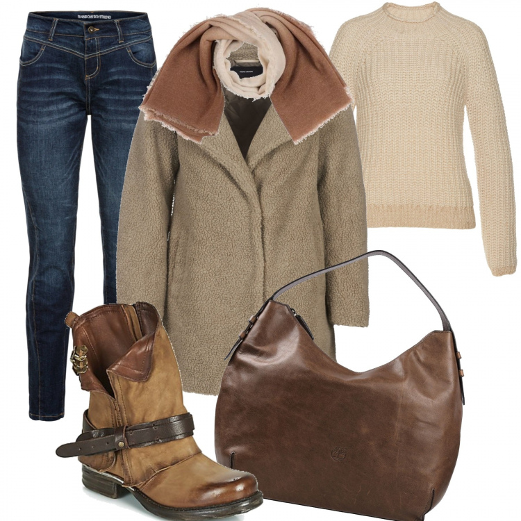 Outfit donna - Mix&Match. Stile Basic per Tutti i giorni. Abbinamento con jeans boyfriend, maglioni, borse a mano, stole, cappotti, stivaletti.
