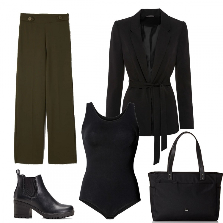 Outfit donna - Urban #28773. Stile Urban per Ufficio. Abbinamento con body, stivaletti chelsea, blazer, pantaloni a palazzo, shopping bag.
