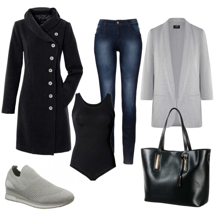 Outfit donna - A lavoro comoda. Stile Trendy per Ufficio. Abbinamento con jeans skinny, body, cappotti, shopping bag, blazer, mocassini.