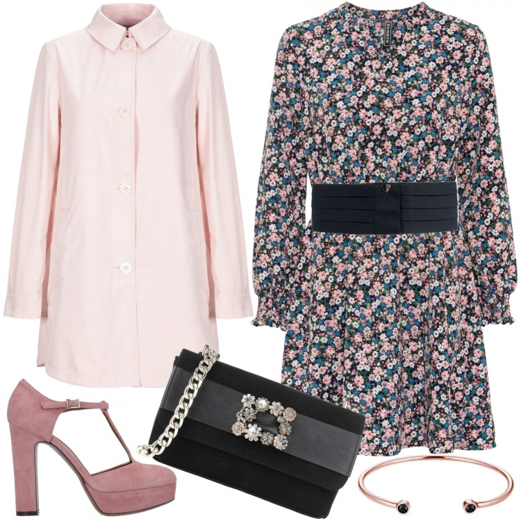 Outfit donna - Il vestito a fiorellini. Stile Bon Ton per Cerimonia. Abbinamento con cinture, décolleté, borse a tracolla, cappotti, vestiti, braccialetti.