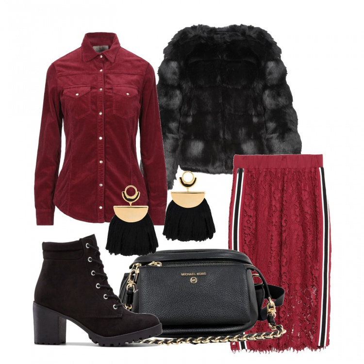 Outfit donna - Vinaccia e nero. Stile Trendy per Tutti i giorni. Abbinamento con stivaletti, ecopellicce, camicie, orecchini, gonne longuette, borse a tracolla.