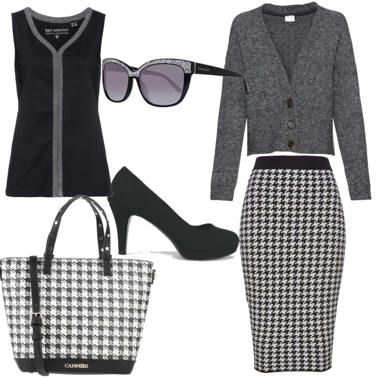 Outfit donna - Pied de poule, che passione. Stile Chic per Ufficio. Abbinamento con gonne, top, cardigans, borse a mano, décolleté, occhiali da sole.