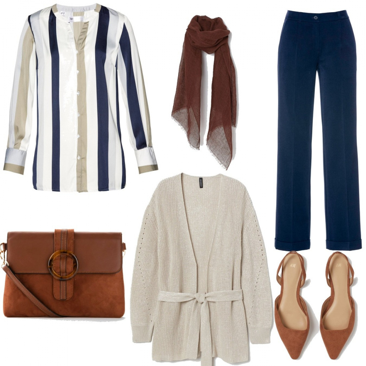 Outfit donna - Commissioni in città. Stile Basic per Tutti i giorni. Abbinamento con pantaloni, camicie, borse a tracolla, scarpe col tacco, cardigans, sciarpe.