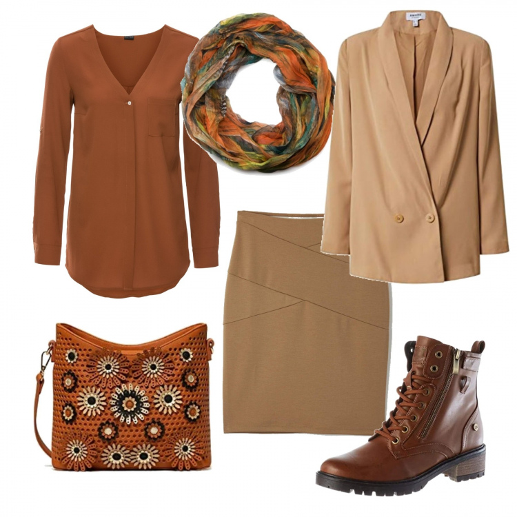 Outfit donna - Trendy #77371. Stile Trendy per Tutti i giorni. Abbinamento con camicie, gonne longuette, stivaletti, borse a mano, foulard, blazer.
