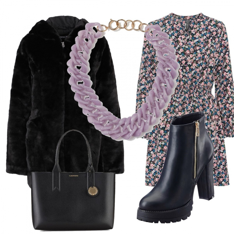 Outfit donna - Viola. Stile Trendy per Serata fuori. Abbinamento con cappotti, vestiti, stivaletti, collane, shopping bag.