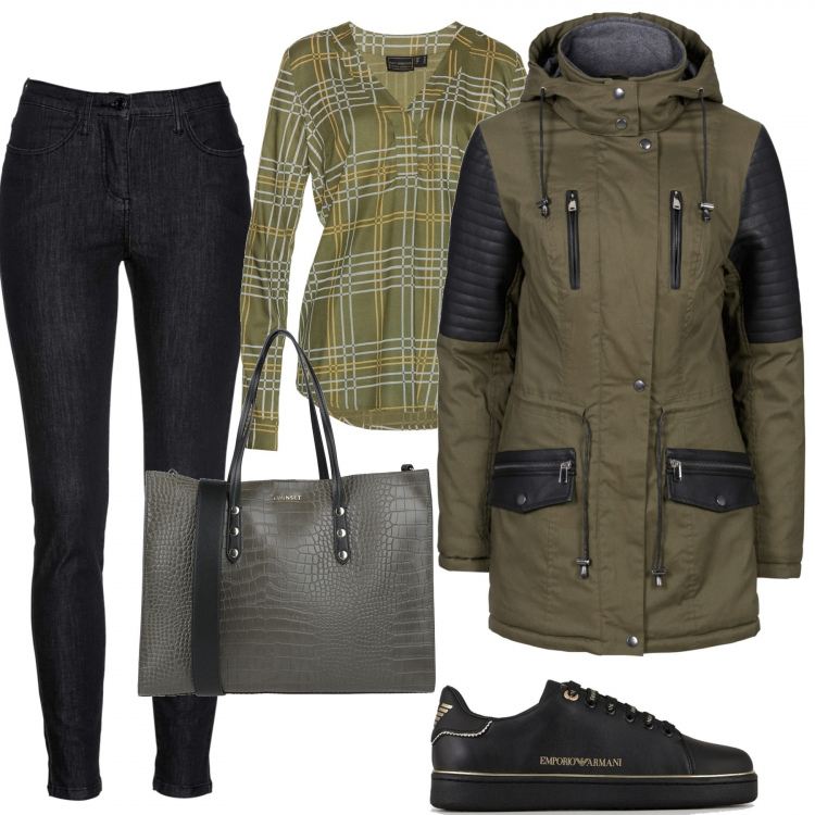 Outfit donna - Verde in più tonalità. Stile Trendy per Tutti i giorni. Abbinamento con parka, tuniche, jeans, borse a mano, sneakers.