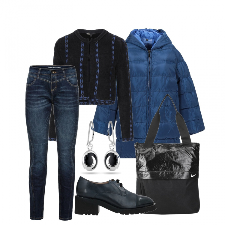 Outfit donna - In blu .... Stile Urban per Tutti i giorni. Abbinamento con jeans boyfriend, scarpe stringate, piumini, borse a mano, cardigans, orecchini.