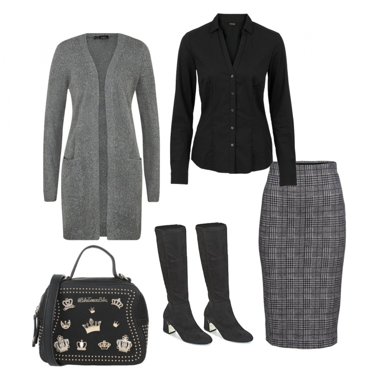 Outfit donna - Grigio in ufficio. Stile Trendy per Tutti i giorni. Abbinamento con camicie, bluse, cardigans, borse a mano, stivali.