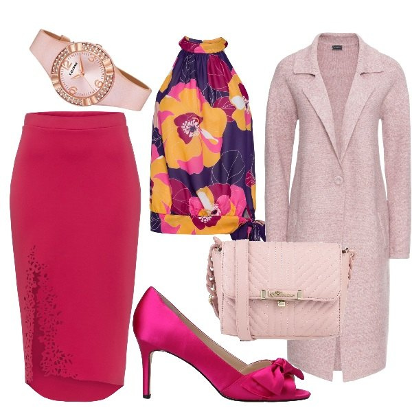 Outfit donna - Solare e colorata a lavoro. Stile Sexy per Ufficio. look ideale per Tall. Abbinamento con cappotti, pantaloni cargo, gonne, décolleté, borse a tracolla, orologi.