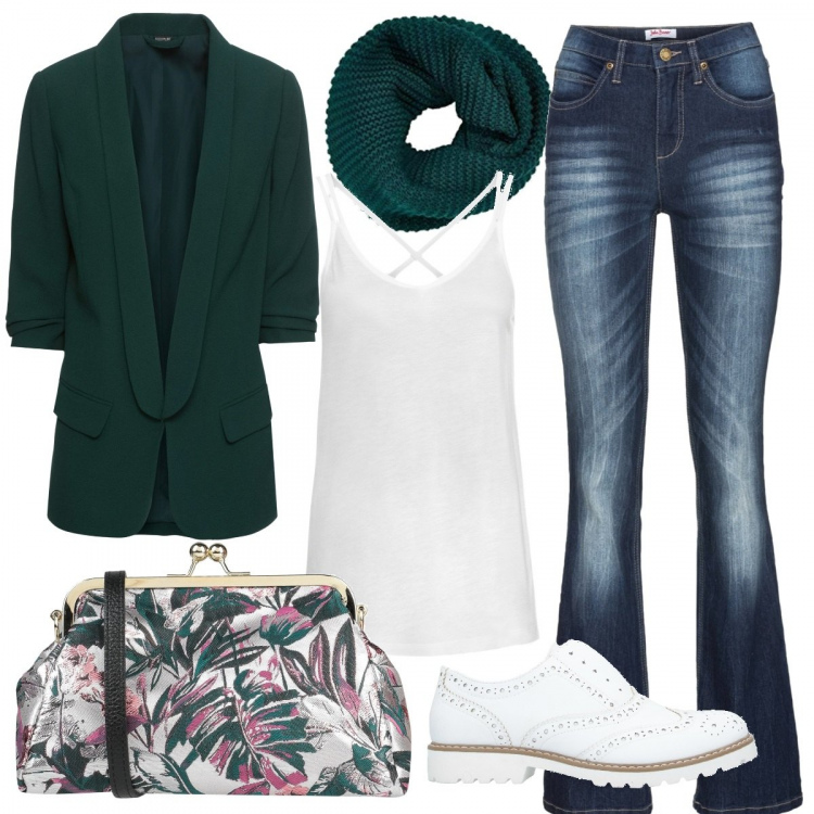 Outfit donna - Curvy trendy e low cost. Stile Trendy per Serata fuori. Abbinamento con blazer, jeans bootcut, top, scarpe stringate, borse a tracolla, sciarpe.