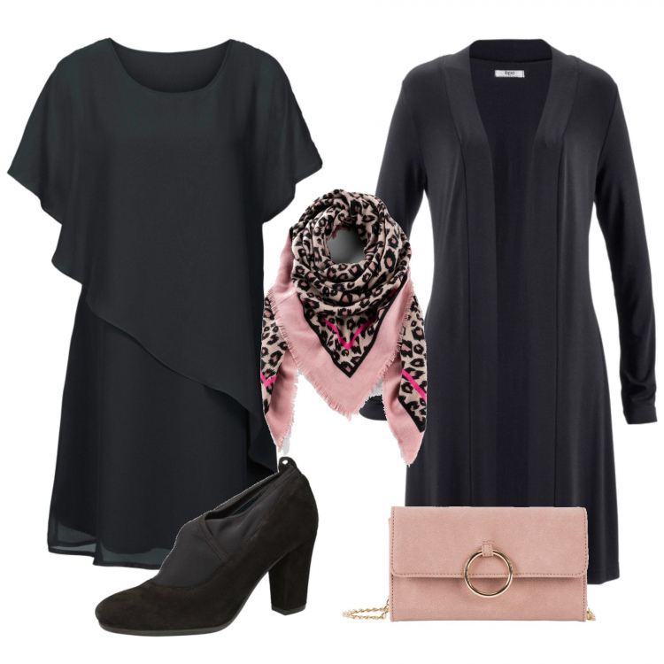 Outfit donna - Il nero strategico. Stile Chic per Serata fuori. Abbinamento con cardigans, foulard, vestiti asimmetrici, pochette, décolleté.