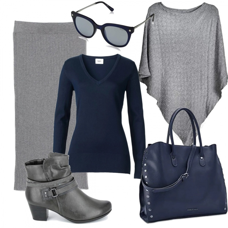 Outfit donna - Blu e grigio tutto in maglia. Stile Chic per Ufficio. Abbinamento con maglieria, stivali, borse a mano, gonne, cappotti, occhiali da sole.