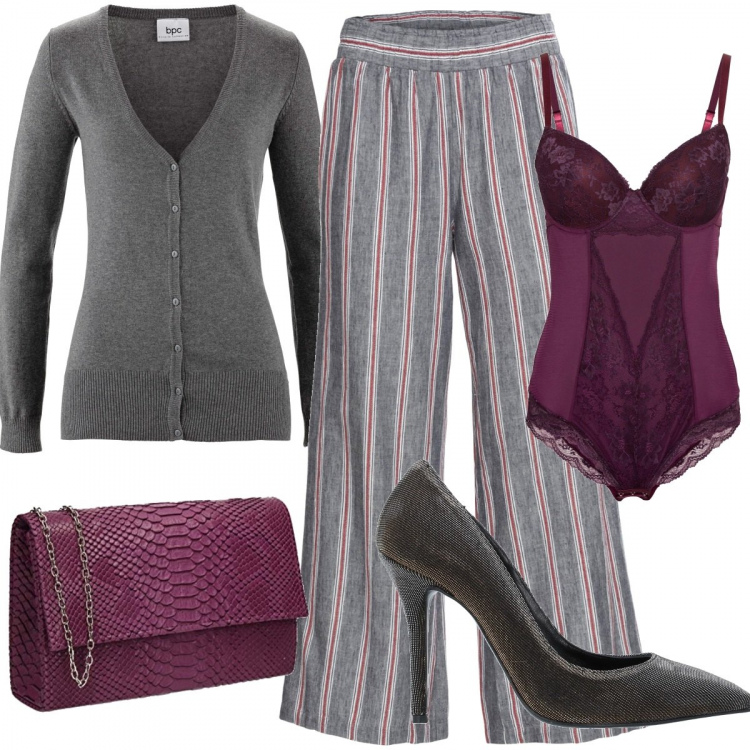 Outfit donna - Low cost con stile. Stile Chic per Serata fuori. Abbinamento con décolleté, t-shirt, pantaloni culotte, cardigans, pochette.