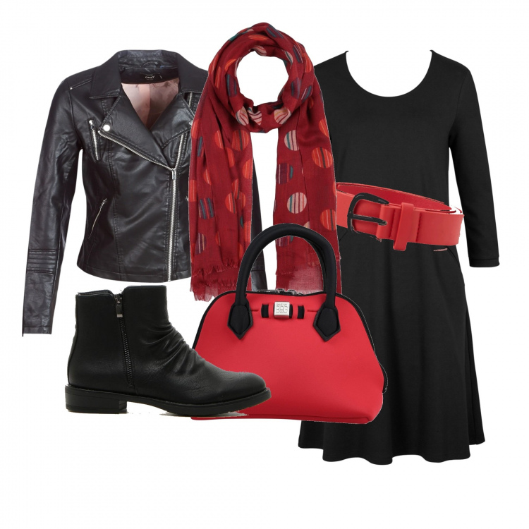 Outfit donna - Cintura rossa e abito nero. Stile Trendy per Ufficio. Abbinamento con vestiti corti, borse a mano, stole, cinture, giacche, stivaletti.