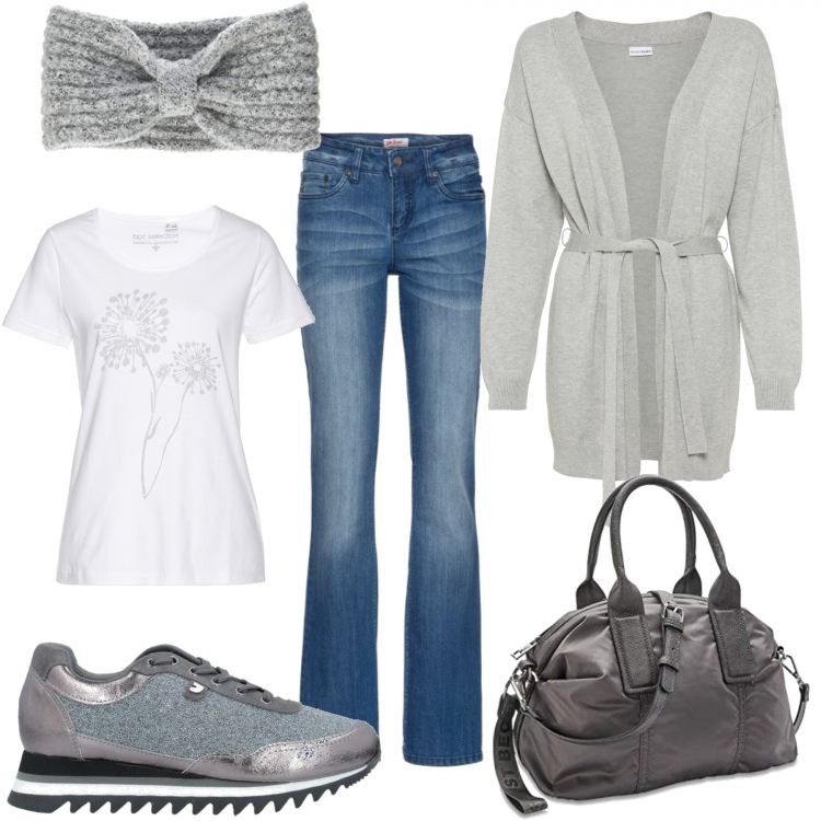 Outfit donna - Total look basic low cost. Stile Basic per Tutti i giorni. Abbinamento con jeans bootcut, t-shirt, cardigans, sneakers, borse a mano, fasce per capelli.
