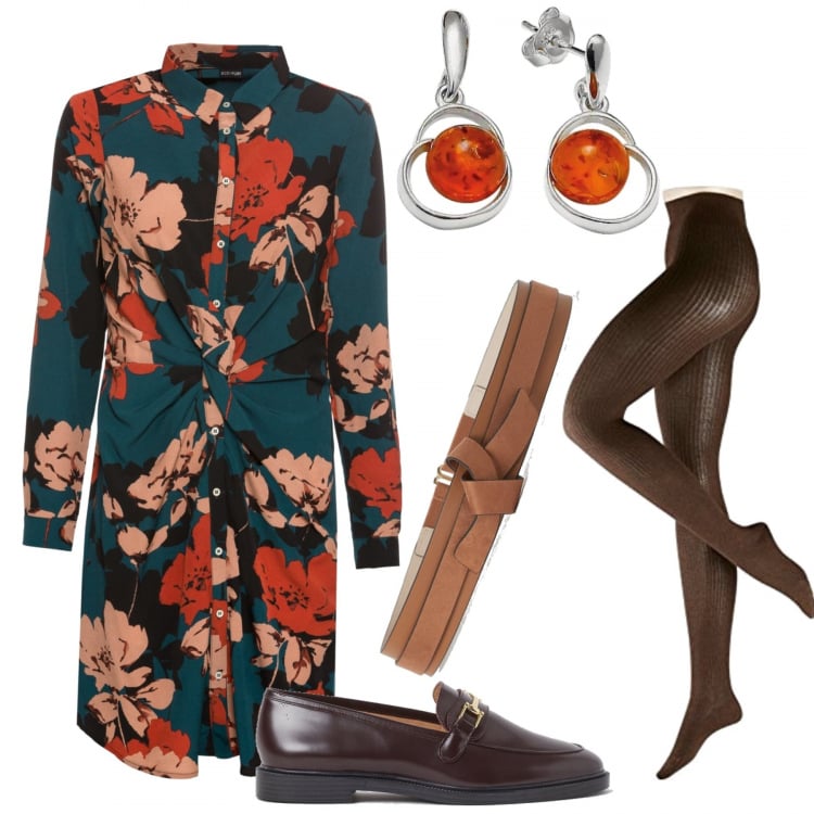 Outfit donna - Videoconference importante. Stile Bon Ton per Ufficio. Abbinamento con vestiti, collant, mocassini, cinture, orecchini.