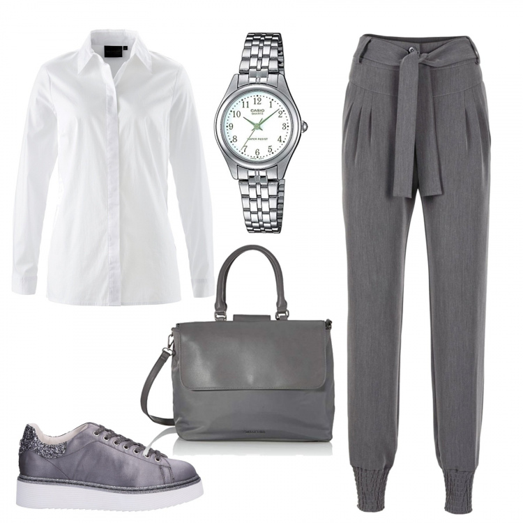 Outfit donna - Basic in grigio. Stile Basic per Tutti i giorni. Abbinamento con camicie, pantaloni, sneakers, borse a tracolla, orologi analogici.
