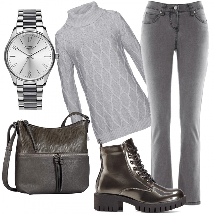 Outfit donna - BASIC nei toni del grigio. Stile Basic per Tutti i giorni. Abbinamento con jeans slim fit, maglioni, stivaletti, borse a spalla, orologi analogici.