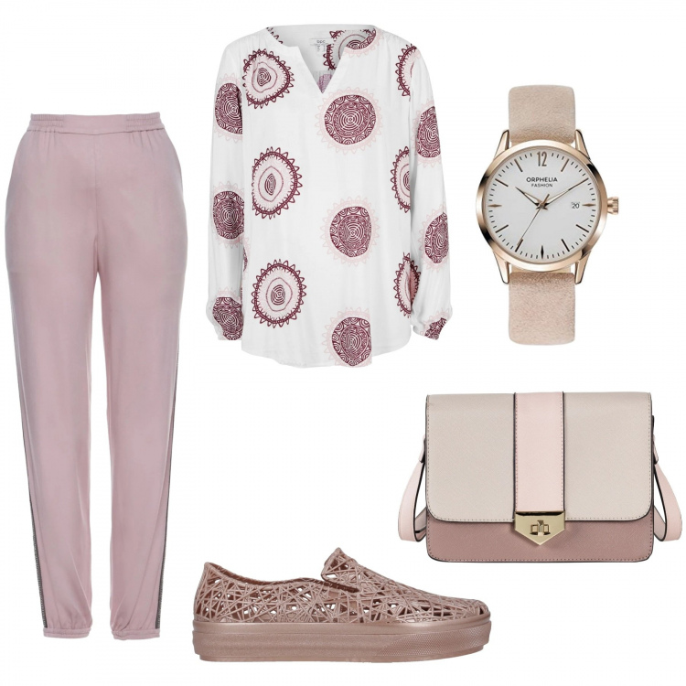 Outfit donna - Rose gold. Stile Urban per Tutti i giorni. Abbinamento con tuniche, pantaloni, borse a tracolla, sneakers, orologi.