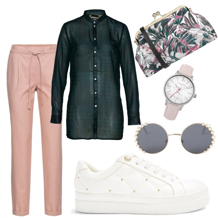 Outfit donna - Curvy & Plus Size - Armonia di colori I. Stile Urban per Tutti i giorni. Abbinamento con pantaloni, camicie, borse a tracolla, sneakers, orologi analogici, occhiali da sole.