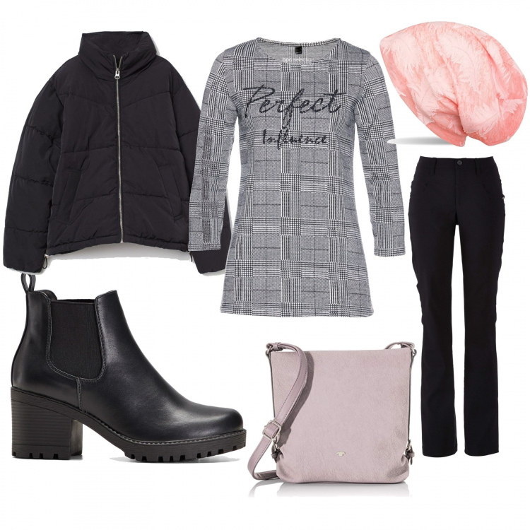 Outfit donna - Perfect. Stile Trendy per Tutti i giorni. Abbinamento con pantaloni, stivaletti chelsea, pullovers, borse a tracolla, piumini, berretti.