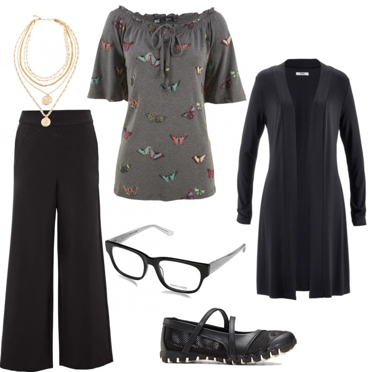 Outfit donna - Curvy in smartworking - riunione zoom. Stile Basic per Ufficio. Abbinamento con cardigans, pantaloni culotte, tuniche, ballerine, collane, occhiali.