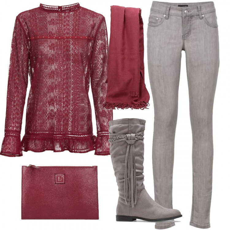 Outfit donna - Aperitivo in centro. Stile Trendy per Serata fuori. Abbinamento con jeans skinny, tuniche, stivali, borse a mano, sciarpe.