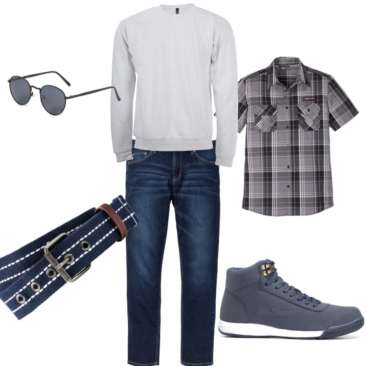 Outfit uomo - So trendy!. Stile Casual per Tutti i giorni. Abbinamento con felpe, jeans, camicie a manica corta, cinture, occhiali da sole, sneakers alte.