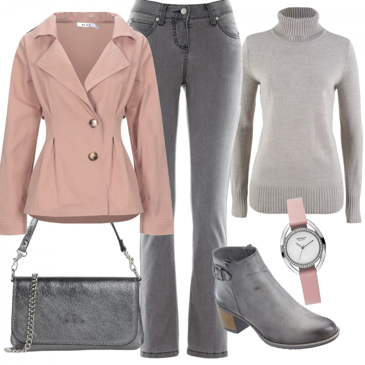 Outfit donna - Grigio e rosa. Stile Basic per Ufficio. Abbinamento con jeans slim fit, stivaletti, maglioni, blazer, borse a mano, orologi analogici.