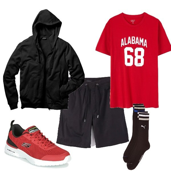 Outfit uomo - Mi alleno a casa - Low cost. Stile Casual per Sport. Abbinamento con felpe con cappuccio, t-shirt, pantaloni corti, scarpe sportive, calzini.