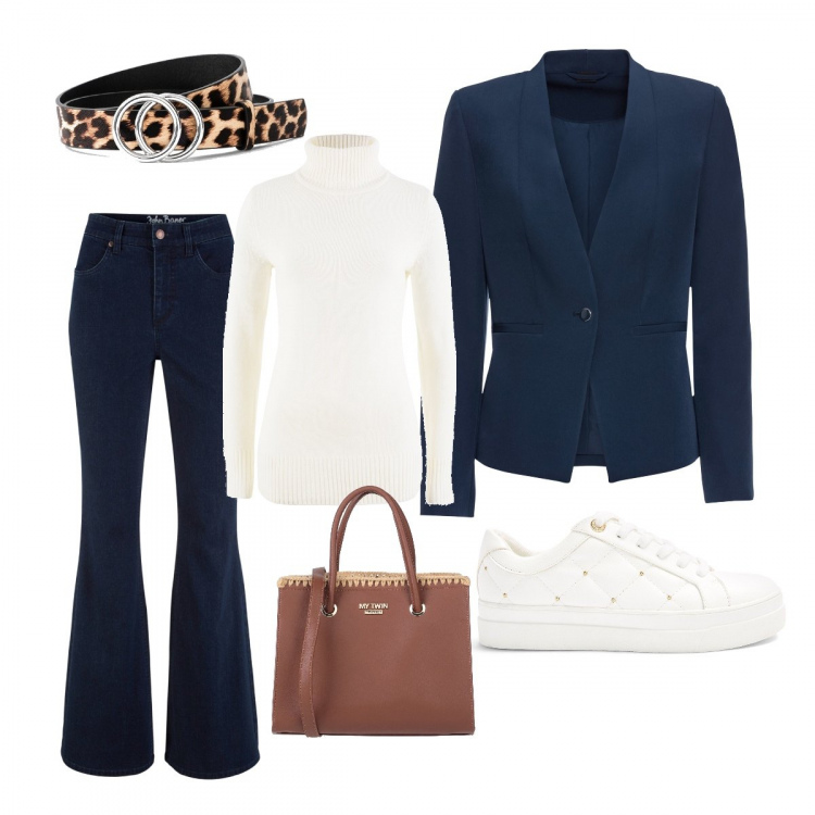 Outfit donna - Blue Basic. Stile Basic per Tutti i giorni. Abbinamento con maglieria, blazer, jeans a zampa, cinture, borse a mano, sneakers.